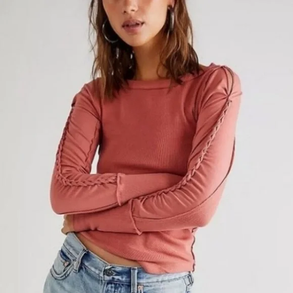 FREE PEOPLE DAISY CHAIN LONG SLEEVE ROSE PINK TOP EXTRA LARGE - Picture 2 of 6